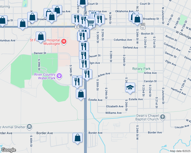 map of restaurants, bars, coffee shops, grocery stores, and more near 3028 Arline Avenue in Muskogee