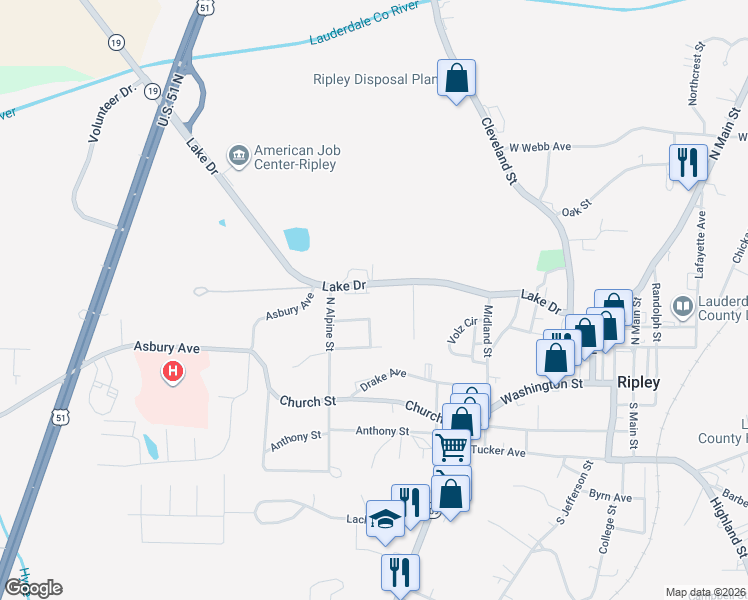 map of restaurants, bars, coffee shops, grocery stores, and more near 238 Lake Drive in Ripley