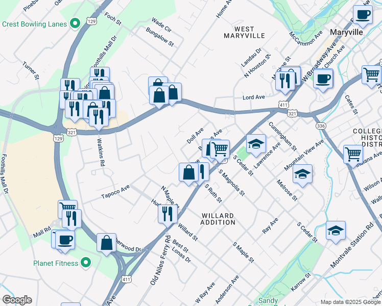 map of restaurants, bars, coffee shops, grocery stores, and more near 1003 Broyles Avenue in Maryville