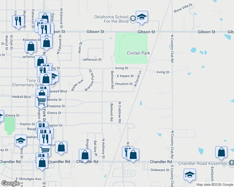 map of restaurants, bars, coffee shops, grocery stores, and more near 2903 Haskell Boulevard in Muskogee
