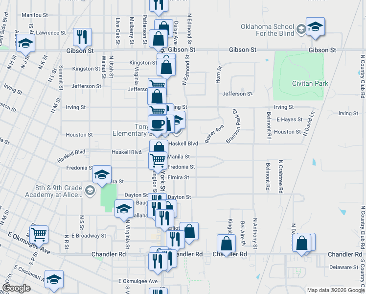 map of restaurants, bars, coffee shops, grocery stores, and more near 2417 Haskell Boulevard in Muskogee