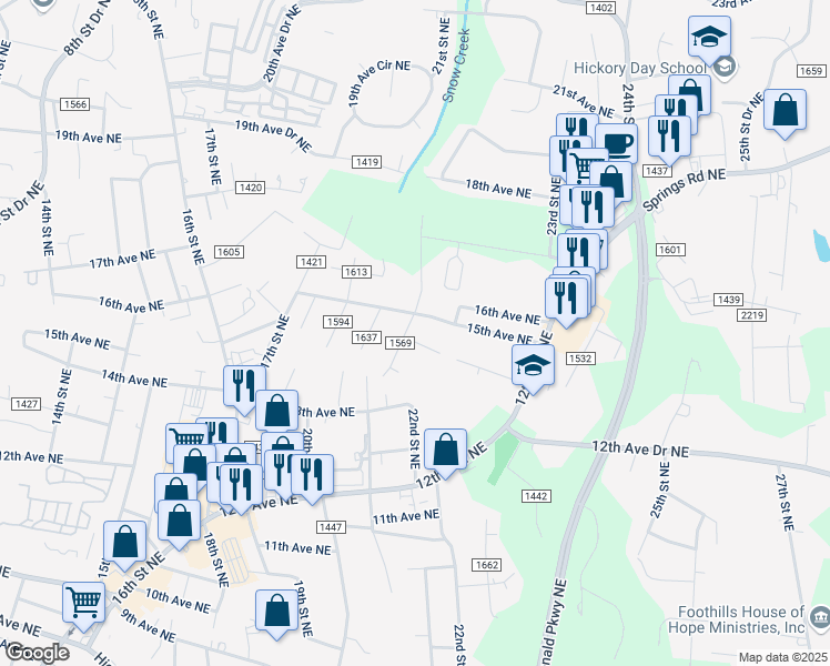 map of restaurants, bars, coffee shops, grocery stores, and more near 1480 21st Street Northeast in Hickory