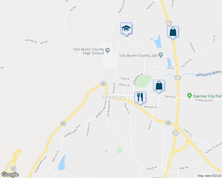 map of restaurants, bars, coffee shops, grocery stores, and more near 37 Veterans Square in Spencer