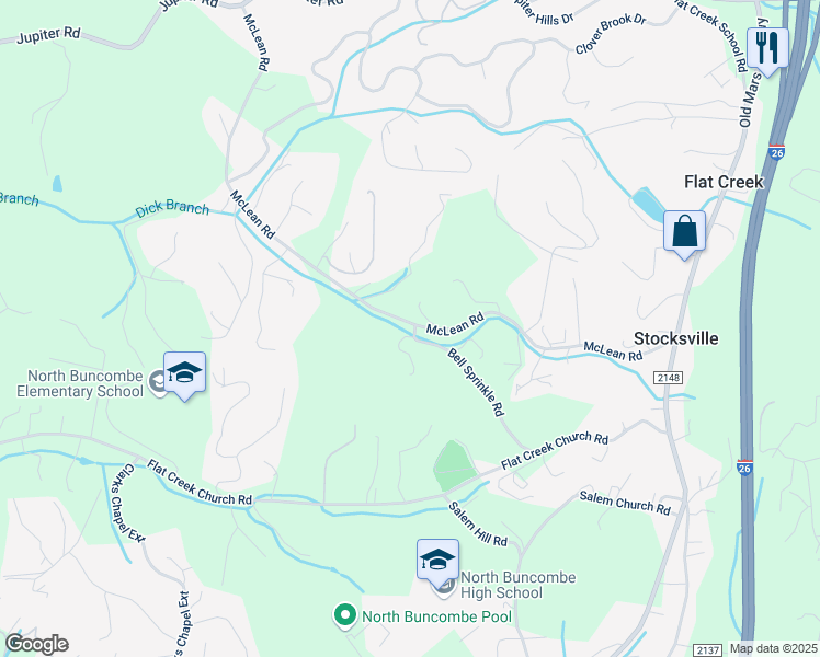 map of restaurants, bars, coffee shops, grocery stores, and more near 120 Bell Sprinkle Road in Weaverville