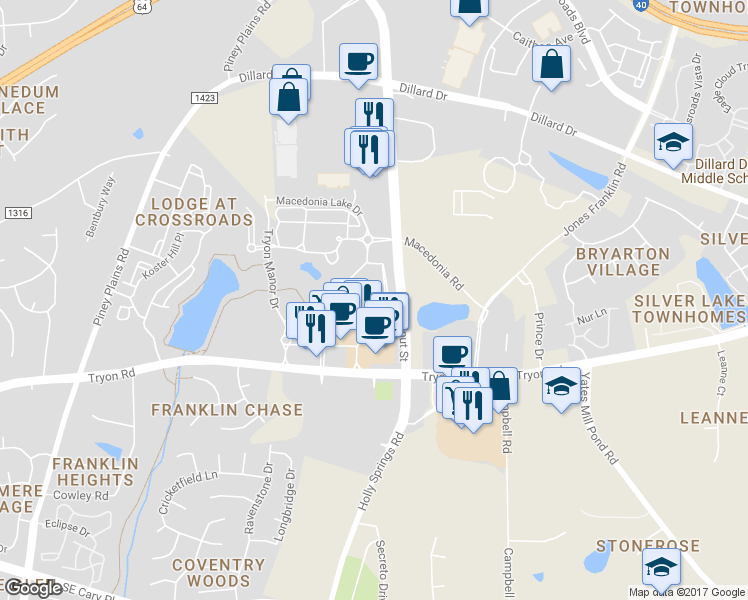 map of restaurants, bars, coffee shops, grocery stores, and more near 8613 Macedonia Lake Drive in Cary