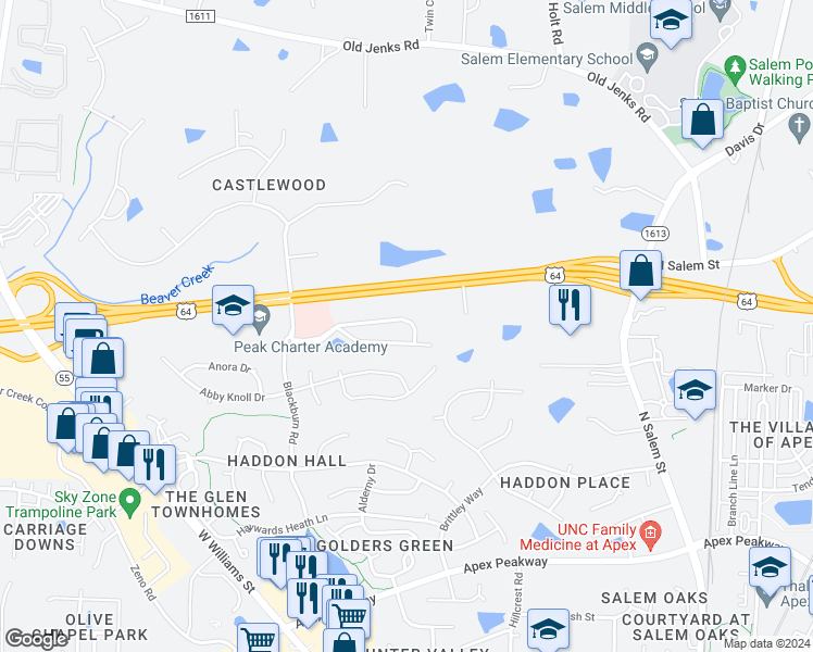 map of restaurants, bars, coffee shops, grocery stores, and more near 1701 U.S. 64 in Apex
