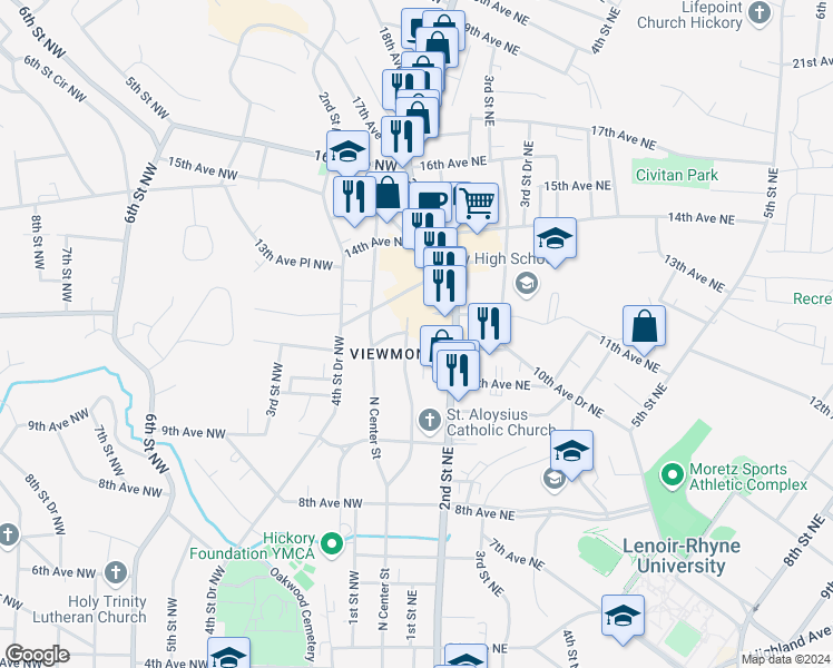 map of restaurants, bars, coffee shops, grocery stores, and more near 1050 1st Street Northeast in Hickory