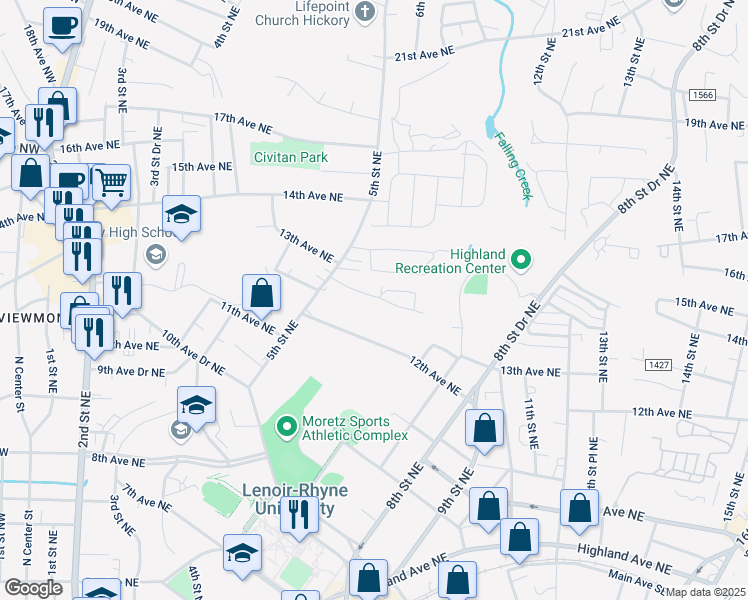 map of restaurants, bars, coffee shops, grocery stores, and more near 1260 5th Street Northeast in Hickory