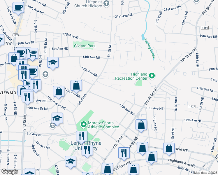 map of restaurants, bars, coffee shops, grocery stores, and more near 1260 5th St NE in Hickory