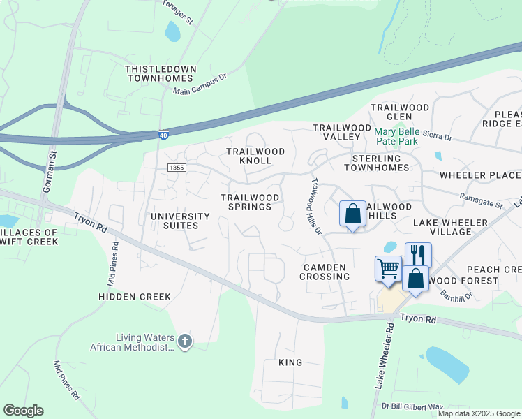 map of restaurants, bars, coffee shops, grocery stores, and more near 2821 Isabella Drive in Raleigh