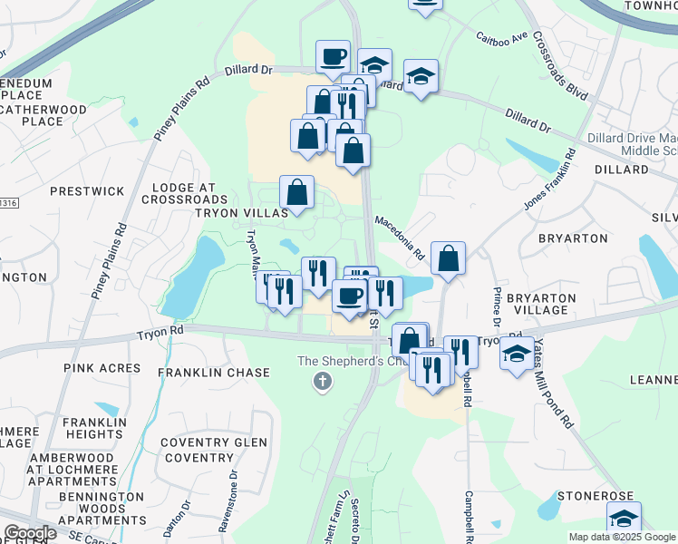 map of restaurants, bars, coffee shops, grocery stores, and more near 8623 Macedonia Lake Drive in Cary