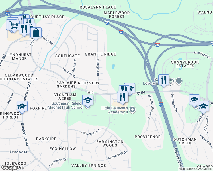 map of restaurants, bars, coffee shops, grocery stores, and more near 708 Southgate Drive in Raleigh