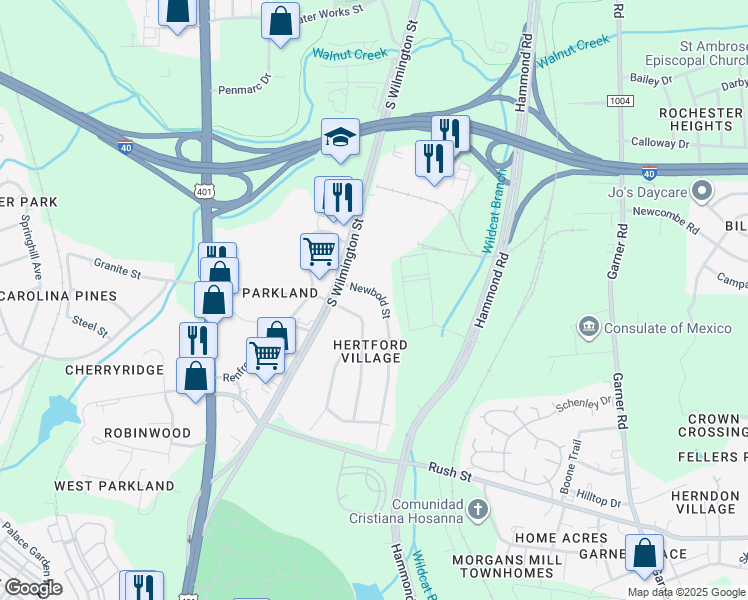 map of restaurants, bars, coffee shops, grocery stores, and more near 2524 Newbold Street in Raleigh