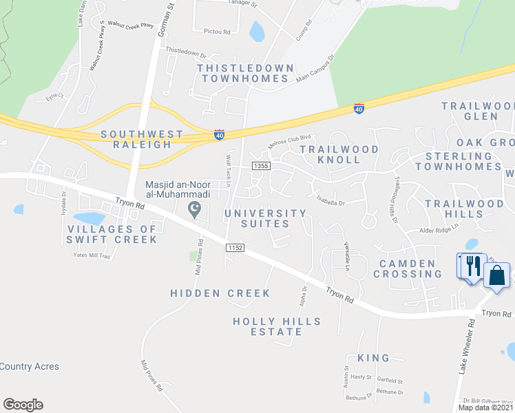 map of restaurants, bars, coffee shops, grocery stores, and more near 2023 Montego Court in Raleigh