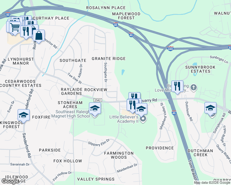 map of restaurants, bars, coffee shops, grocery stores, and more near 708 Southgate Drive in Raleigh