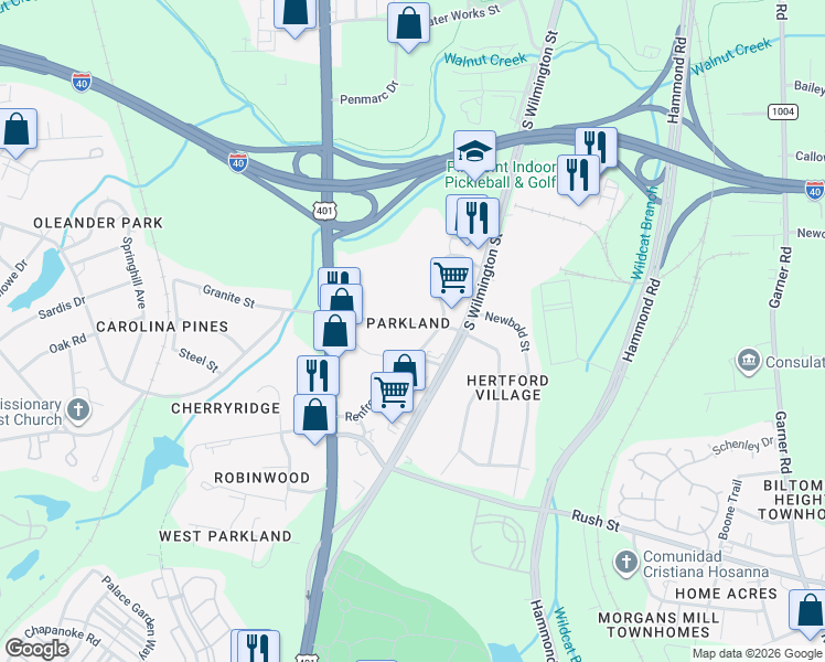 map of restaurants, bars, coffee shops, grocery stores, and more near 2609 Renfrow Road in Raleigh
