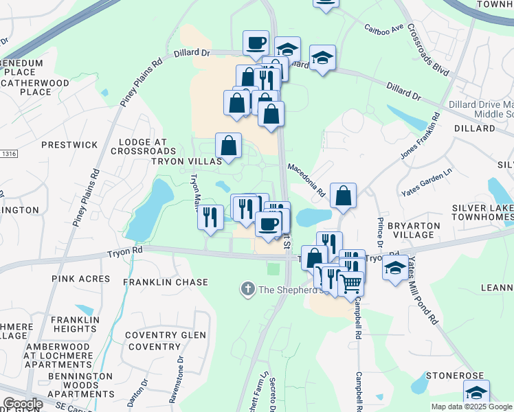 map of restaurants, bars, coffee shops, grocery stores, and more near 8623 Macedonia Lake Drive in Cary