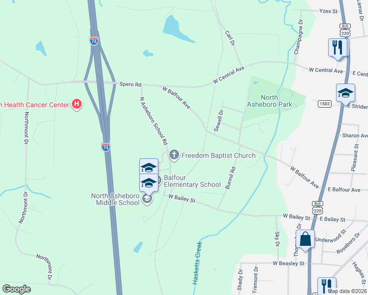 map of restaurants, bars, coffee shops, grocery stores, and more near 1 North Asheboro School Road in Asheboro