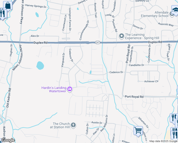 map of restaurants, bars, coffee shops, grocery stores, and more near 7001 Cannonade Court in Spring Hill