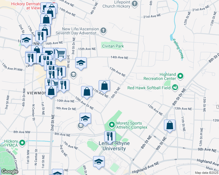 map of restaurants, bars, coffee shops, grocery stores, and more near 1207 5th Street Northeast in Hickory