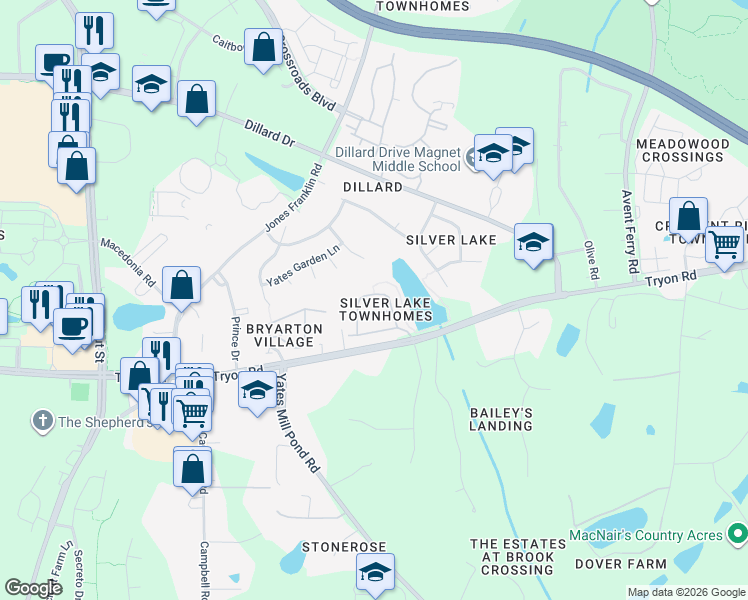 map of restaurants, bars, coffee shops, grocery stores, and more near 2420 Swans Rest Way in Raleigh