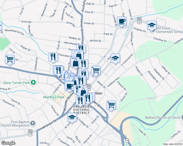 map of restaurants, bars, coffee shops, grocery stores, and more near 312 East Union Street in Morganton