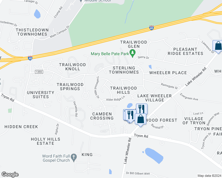 map of restaurants, bars, coffee shops, grocery stores, and more near 2417 Appalachian Drive in Raleigh