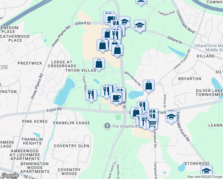 map of restaurants, bars, coffee shops, grocery stores, and more near 8623 Macedonia Lake Drive in Cary