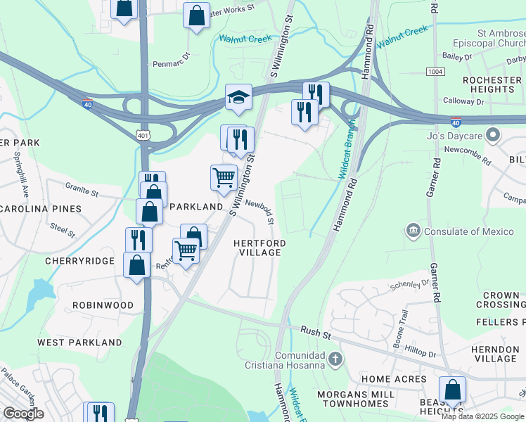 map of restaurants, bars, coffee shops, grocery stores, and more near 2524 Newbold Street in Raleigh