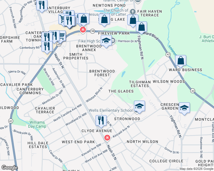 map of restaurants, bars, coffee shops, grocery stores, and more near 1700 Killdeer Lane North in Wilson