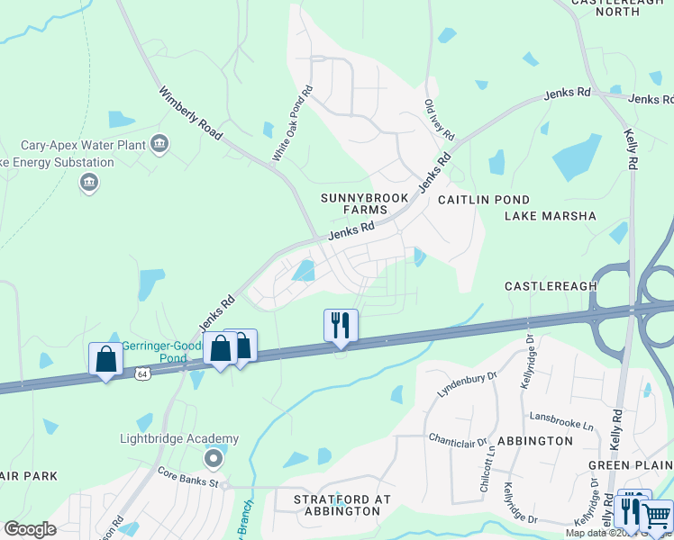 map of restaurants, bars, coffee shops, grocery stores, and more near 1643 Wimberly Road in Apex