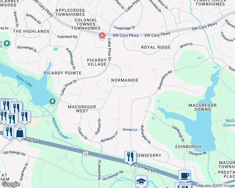 map of restaurants, bars, coffee shops, grocery stores, and more near 309 Bordeaux Lane in Cary