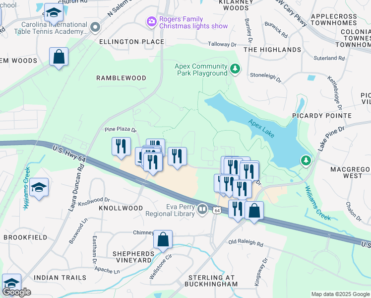 map of restaurants, bars, coffee shops, grocery stores, and more near 900 Doverside Drive in Apex