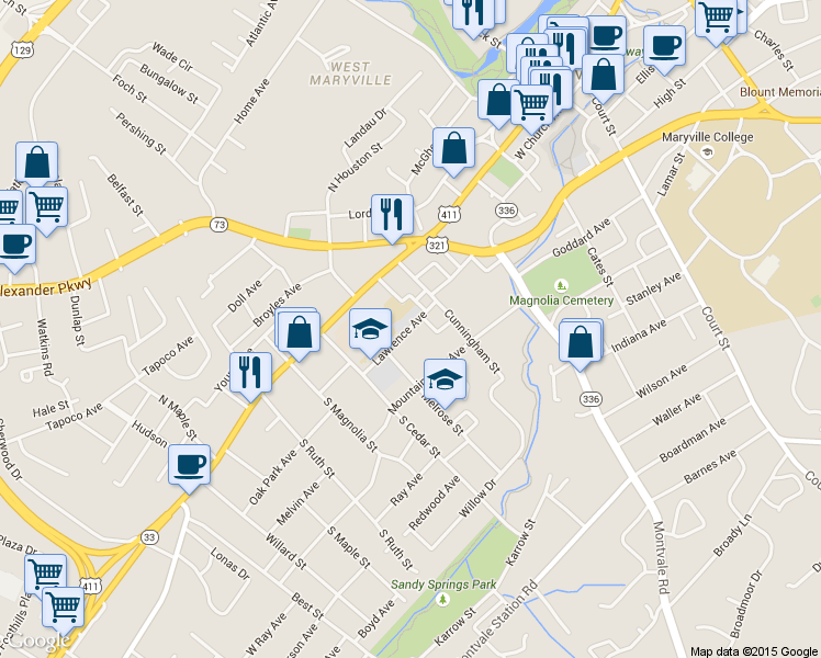 map of restaurants, bars, coffee shops, grocery stores, and more near 716 Lawrence Avenue in Maryville
