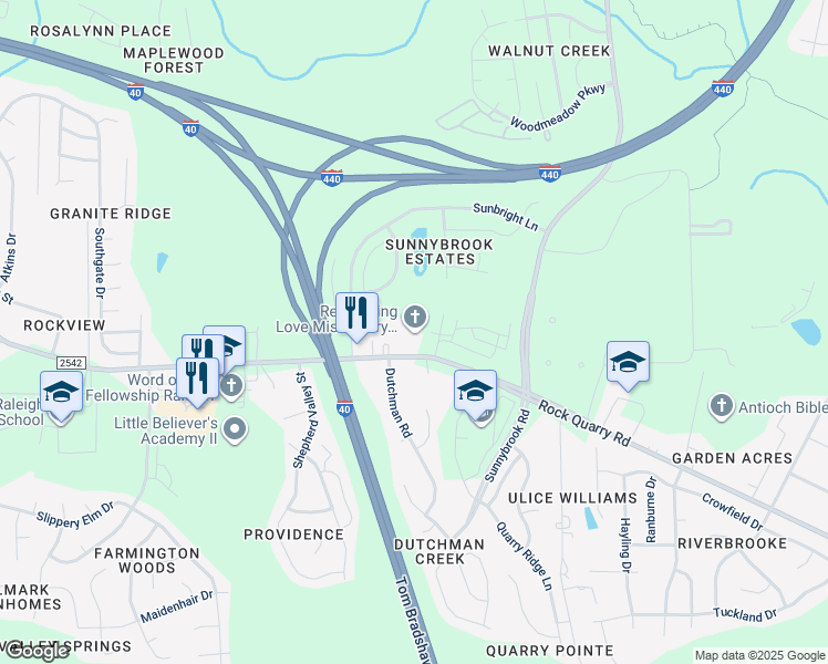 map of restaurants, bars, coffee shops, grocery stores, and more near 3425 Rock Quarry Road in Raleigh