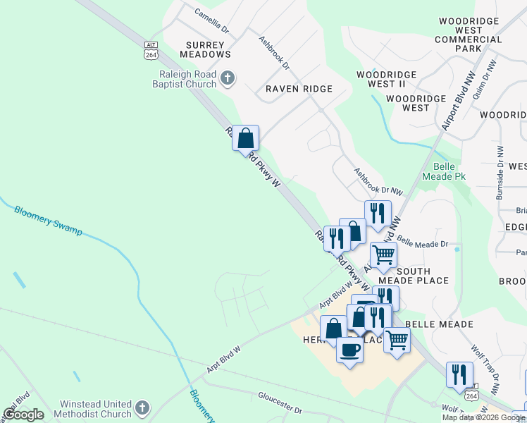 map of restaurants, bars, coffee shops, grocery stores, and more near 3761 Raleigh Rd Pkwy W in Wilson