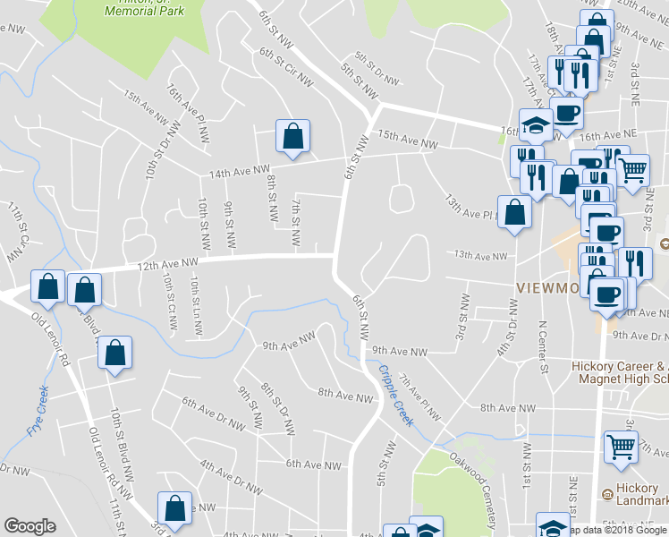 map of restaurants, bars, coffee shops, grocery stores, and more near 1166 6th Street Northwest in Hickory