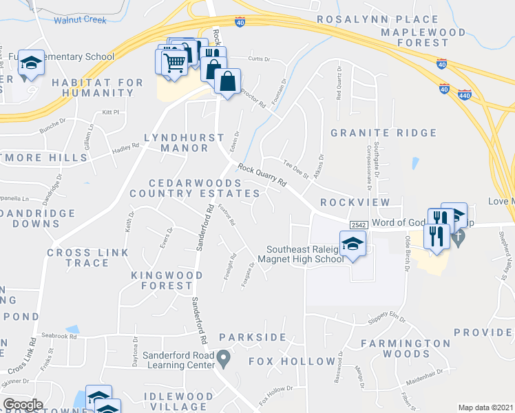 map of restaurants, bars, coffee shops, grocery stores, and more near 2358 Fox Ridge Manor Road in Raleigh