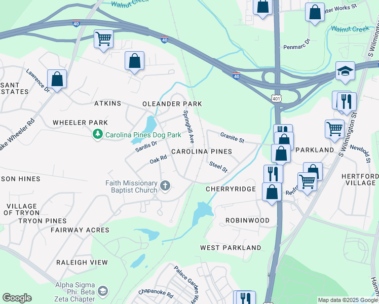 map of restaurants, bars, coffee shops, grocery stores, and more near 609 Oak Road in Raleigh