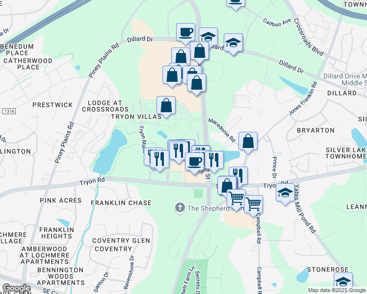 map of restaurants, bars, coffee shops, grocery stores, and more near 8623 Macedonia Lake Drive in Cary