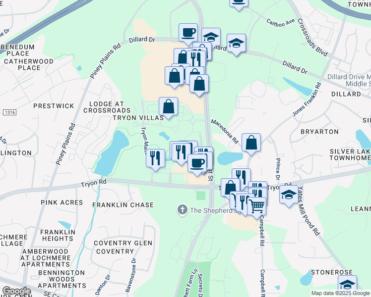 map of restaurants, bars, coffee shops, grocery stores, and more near 8623 Macedonia Lake Drive in Cary