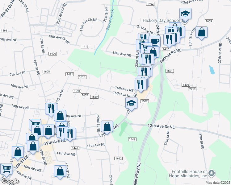 map of restaurants, bars, coffee shops, grocery stores, and more near 2224 15th Avenue Northeast in Hickory