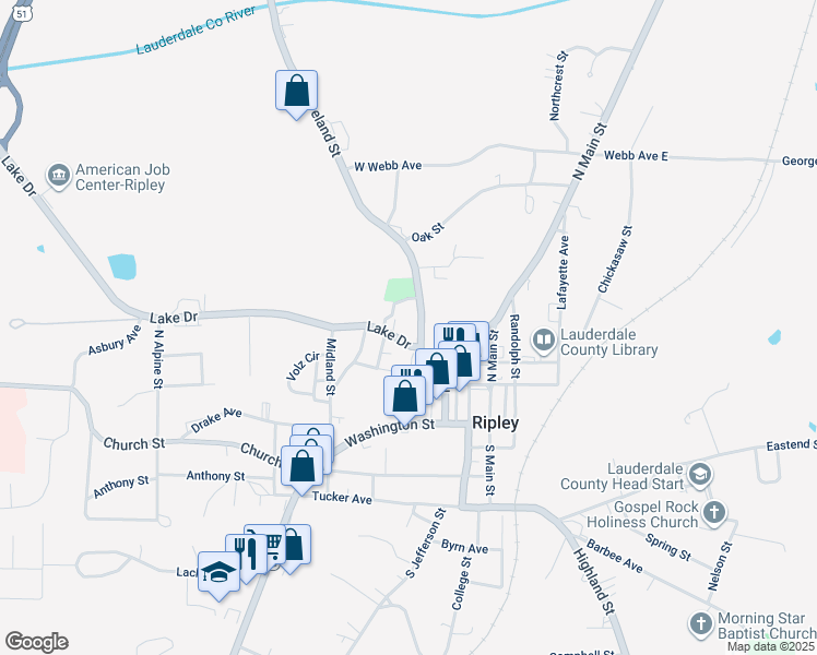 map of restaurants, bars, coffee shops, grocery stores, and more near 143 Lake Drive in Ripley