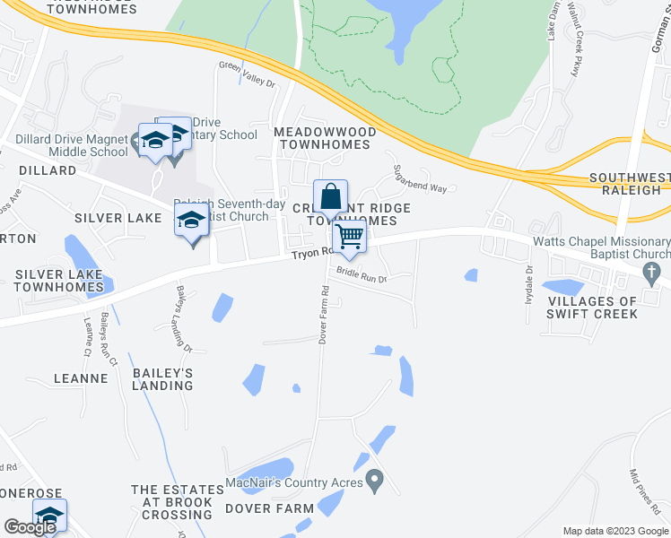 map of restaurants, bars, coffee shops, grocery stores, and more near 2405 Dover Farm Road in Raleigh