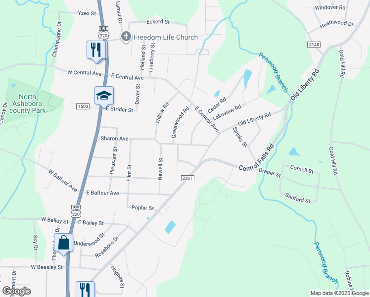 map of restaurants, bars, coffee shops, grocery stores, and more near 1826 Portage Parkway in Asheboro