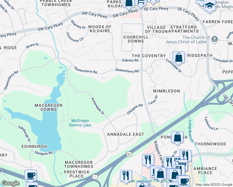 map of restaurants, bars, coffee shops, grocery stores, and more near 114 Dundee Court in Cary