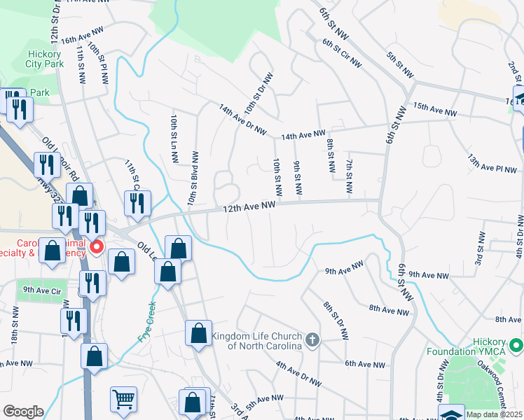 map of restaurants, bars, coffee shops, grocery stores, and more near 1147 10th Street Lane Northwest in Hickory