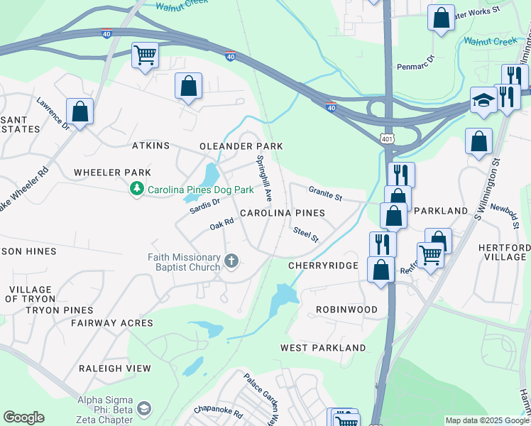 map of restaurants, bars, coffee shops, grocery stores, and more near 609 Oak Road in Raleigh