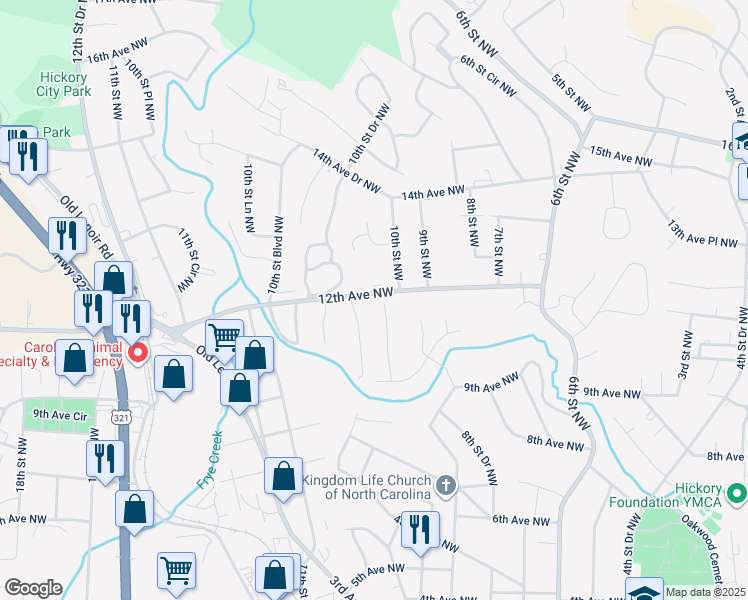 map of restaurants, bars, coffee shops, grocery stores, and more near 1147 10th Street Lane Northwest in Hickory