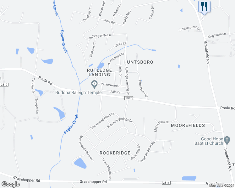 map of restaurants, bars, coffee shops, grocery stores, and more near 5152 Julip Drive in Knightdale
